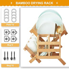 Bamboo Dish Drying Rack, 2 Tier Collapsible Dish Rack with Utensil Holder, Wooden Dish Drying Rack for Kitchen Counter, Large Folding Drying Holder, Dish Drainer 34 pcs Grid