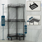 Consumest Corner Shower Caddy Standing - 3-Tier Stainless Steel Shower Organizer with Soap Holder and 4 Hooks, Large Capacity Corner Shelf Stand for Bathroom, Rest Room, Black