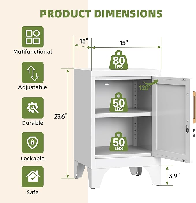 Metal Locker Nightstand, Small Locking Cabinet with Lock and Adjustable Shelf, 23.6''H White Modern Night Stand, Small Side Table, Bedside End Table for Home, Bedroom, Office, Assembly Required