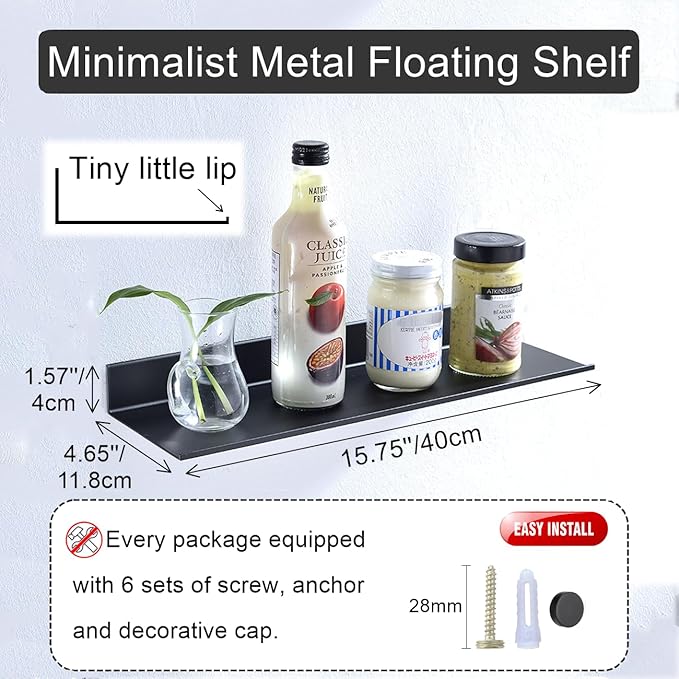 Z metnal Bathroom Shelf, Floating Shelves, Metal Display Wall Shelf, Aluminum, Wall Mounted, Matt Black,16 inch, 2 Pack