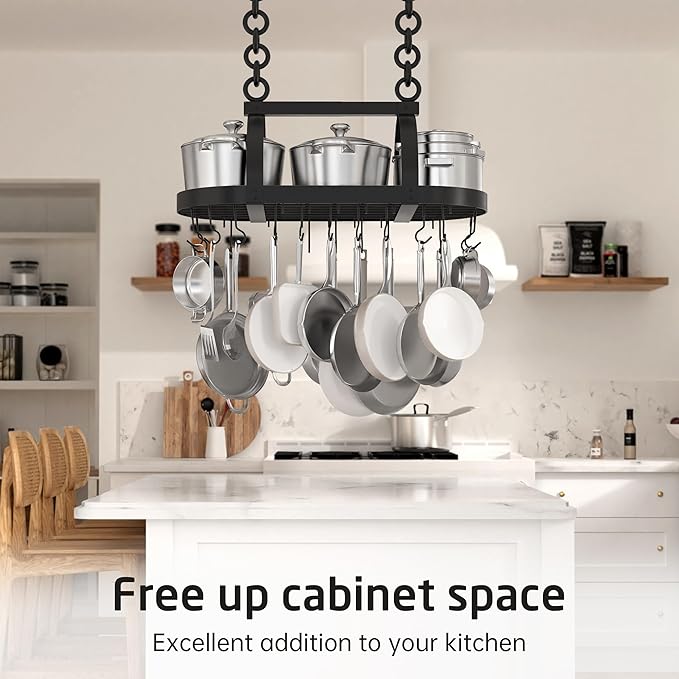 KES Ceiling Pot Rack 34-Inch Hanging Pot Rack for Kitchen Oval Pot and Pan Rack Matte Black Pot Hanger with 20 S Hooks (For 16" and 24" Joist), KUR221S85-BK
