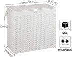 Greenstell Laundry Hamper with Lid, 125L Large Clothes Hamper with 3 Section & 2 Section Removable Liner Bags & 5 Mesh Laundry Bags, Handwoven Synthetic Rattan Divided Laundry Basket, White