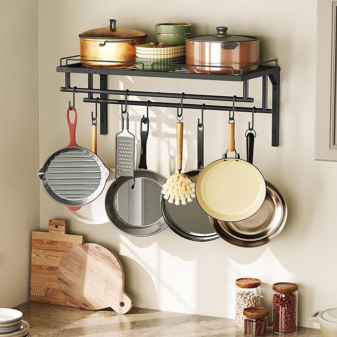 Hanging Pot Rack, Wall-Mounted Pot Rack, Kitchen Cookware Organizer, Metal Pot and pan Organizer Holder, for Cookware, Utensils Organization, Black TPR37BB