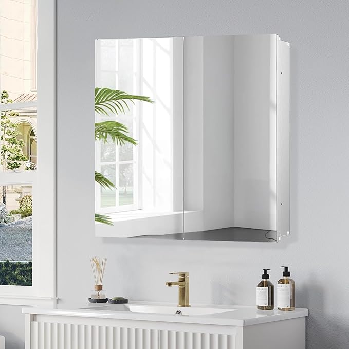 Medicine Cabinet with 26x30 inch Mirror, Mirror Cabinet with Assembly Needed, Aluminum Surface Mount or Recessed Wall Cabinet, Adjustable Glass Shelves, Suitable for Bathroom Bedroom