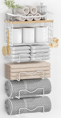 Towel Racks for Bathroom,Towel Rack Wall Mounted, 6 Tier Rolled Or Folded Towel Holder with Floating Shelves, Bathroom Towel Holder for Bath, Hand Towels,White,Walnut Wood Panel