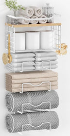 Towel Racks for Bathroom,Towel Rack Wall Mounted, 6 Tier Rolled Or Folded Towel Holder with Floating Shelves, Bathroom Towel Holder for Bath, Hand Towels,White,Walnut Wood Panel