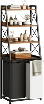 Laundry Basket, 2 Section Laundry Hamper with 4 Tiers Shelf, Pull-Out and Removable Laundry Bags, Large 2 x 15.87 Gallons, for Bedroom Bathroom Rustic Brown PF11XLN