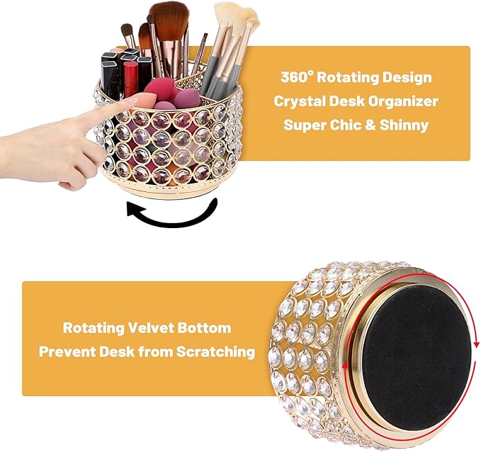 BTSKY Crystal 360 Degree Rotating Desk Organizer Decorative Storage Box with 4 Compartments, Glitter Metal Makeup Brush Holder Elegant Storage Caddy Home Decor Gift for Women, Round-4 Slots Gold
