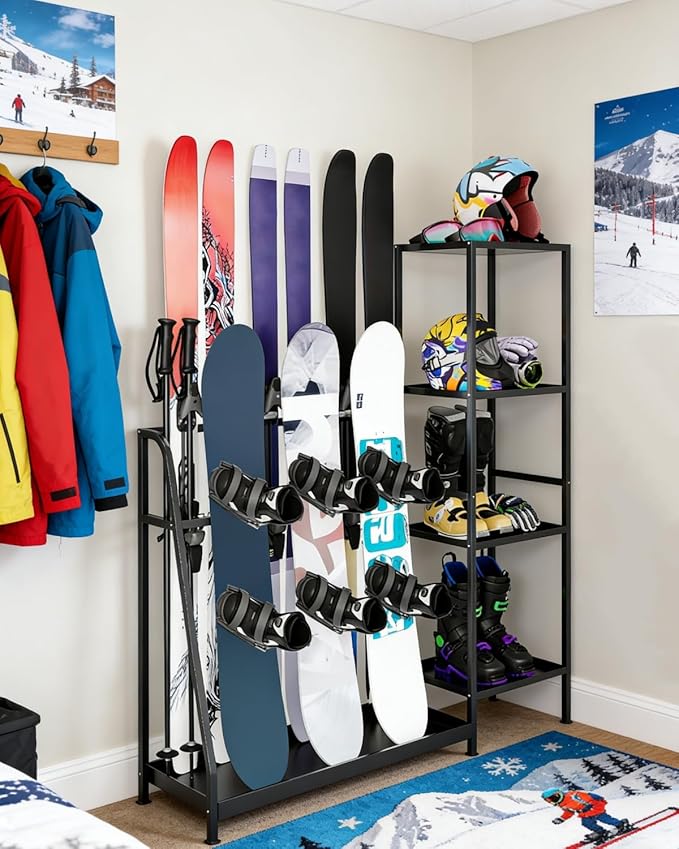 Ski Storage Rack, 48" x 12" x 46", Heavy Duty Freestanding Steel Ski Organizer for 4-Pair Skis, Snowboard, Boots, Poles, Helmet & Goggles, Floor Stand Skis Holder for Garage, Basement & Mudroom