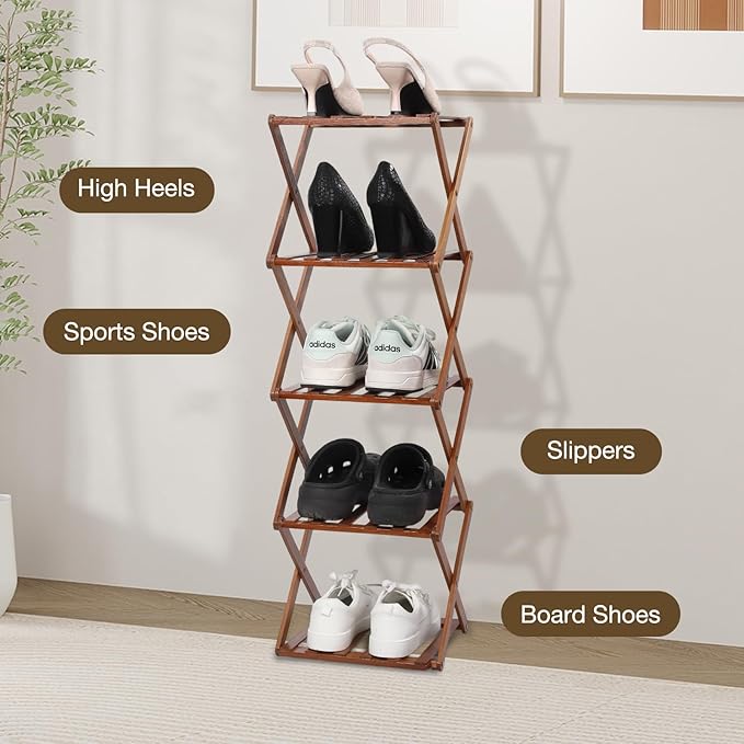 Bamboo Shoe Rack 5 Tier Foldable Shoe Rack Vertical Bamboo Shoe Organizer Free Standing Shelf for Entryway, Closet, Bedroom, Walnut Color
