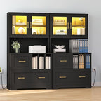 HOOBRO 2 Drawer File Cabinet with Charging Station, LED Lights, and Bookshelf, Farmhouse Filing Cabinet with File Holder Organizer, Fits Letter, Legal, A4 Size, Vertical, for Home Office, Black