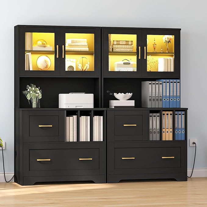 HOOBRO 2 Drawer File Cabinet with Charging Station, LED Lights, and Bookshelf, Farmhouse Filing Cabinet with File Holder Organizer, Fits Letter, Legal, A4 Size, Vertical, for Home Office, Black