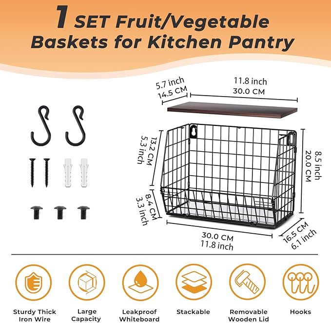 Fruit Basket for Kitchen Counter, Fruit Bowl Stackable Wall Mounted Hanging Fruit Basket Wire Basket with Wood Lid with Banana Hanger Hooks, Onion,Potato,Fruit and Vegetable Storage