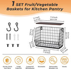 Fruit Basket for Kitchen Counter, Fruit Bowl Stackable Wall Mounted Hanging Fruit Basket Wire Basket with Wood Lid with Banana Hanger Hooks, Onion,Potato,Fruit and Vegetable Storage