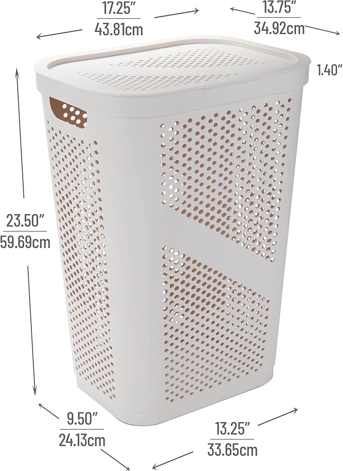 Mind Reader Slim Laundry Hamper with Lid, 60L Clothes Basket, Ventilated Plastic, Ivory