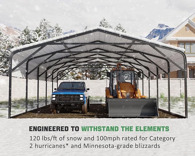 20x20 FT Heavy Duty Metal Carport, 2-Car Garage with Structural Reinforcement, Galvanized Steel Roof, Ground Anchors, 120lbs/Sq.Ft Snow/Wind Resistant Carports, Fits Pickups, Trucks, RVs, Boats