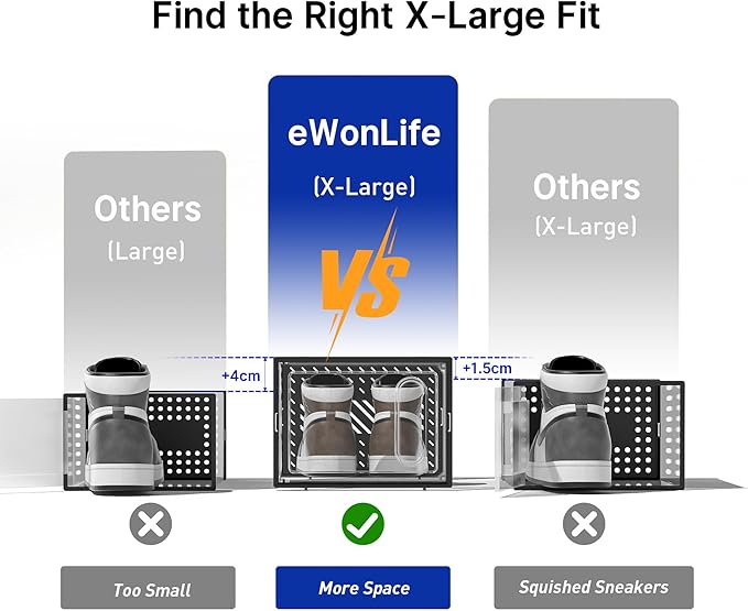 eWonLife X-Large Shoe Boxes with Magnetic Door, 12-Pack Stackable Shoes Storage Organizer for Closet, Clear Plastic Sneaker Container Shoe Rack for Size 12, Black