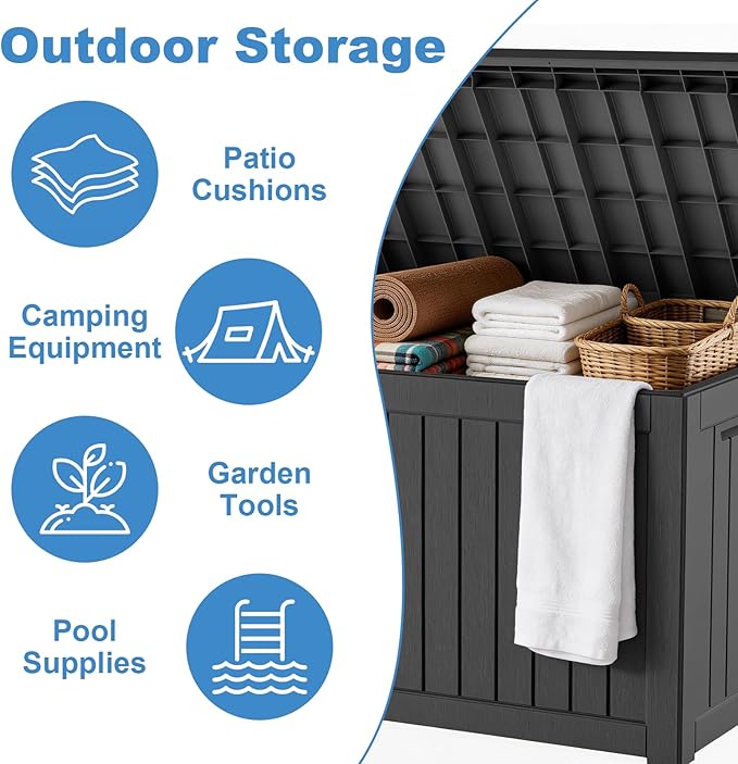 280 Gallon Outdoor Waterproof Resin Storage Deck Box Lockable Outside Bench UV Resistant Bin Patio Porch Furniture Pool Float Garden Tool Cushion Black