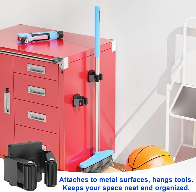 Strong Magnetic Mop Broom Holder, 2 Pack Heavy Duty Magnetic Mop Hanger for Refrigerators, Magnet Wall Mount Broom Holder Tool Storage for Laundry Room Garage Kitchen Workshops Metal Shed