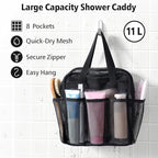 F-color Mesh Shower Caddy Portable with Zipper - Upgrade Deeper 7 Pockets Dorm Room Essentials for Guys Girls with S Hook, Shower Bag Basket Tote for College Camping Toiletry Bathroom, Black