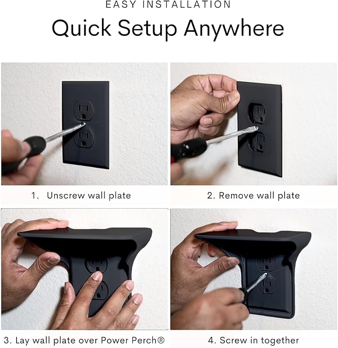 Power Perch Wall Outlet Shelf with Cord Storage Strap - Declutter & Reclaim Bathroom Counter Space - Alexa Stand, Apple Homepod Shelf, Toothbrush Holders Wall Mounted - Black, 2-Pack