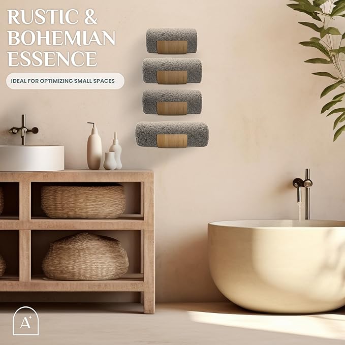 Bamboo Towel Rack by Aura Nest Set of 4 Wood Towel Racks Bamboo Bathroom Accessories -Wall Towel Holder for Rolled Towels Wooden Towel Racks for Bathroom Spa Bathroom - Natural Bamboo