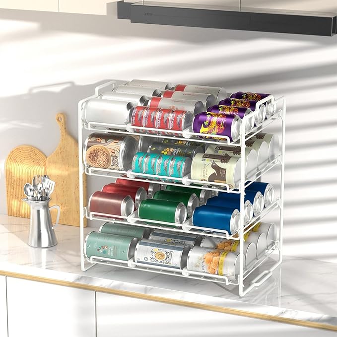 4 Tiers Stackable Can Rack Organizer, Wear-resistant Upgrade Beverage Food Can Dispenser Holder Holds up to 48 Cans for Kitchen Cabinet and Pantry (White)