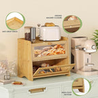 Double Layer Bread Box for Kitchen Countertop, Large Breadbox Bread Container Storage with Acrylic Door, Wooden Farmhouse Bread Holder (Bamboo, Medim-15.7" L x 9.5" W x 13" H)