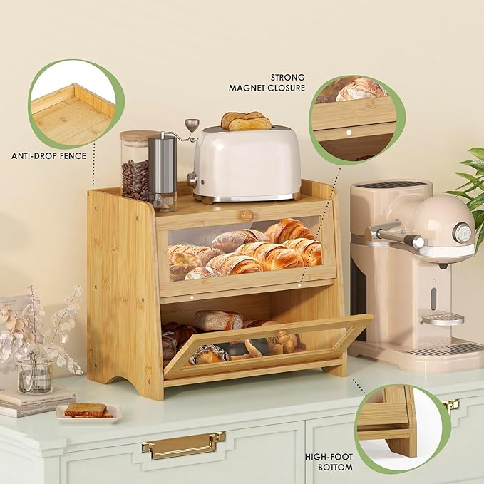 Double Layer Bread Box for Kitchen Countertop, Large Breadbox Bread Container Storage with Acrylic Door, Wooden Farmhouse Bread Holder (Bamboo, Medim-15.7" L x 9.5" W x 13" H)
