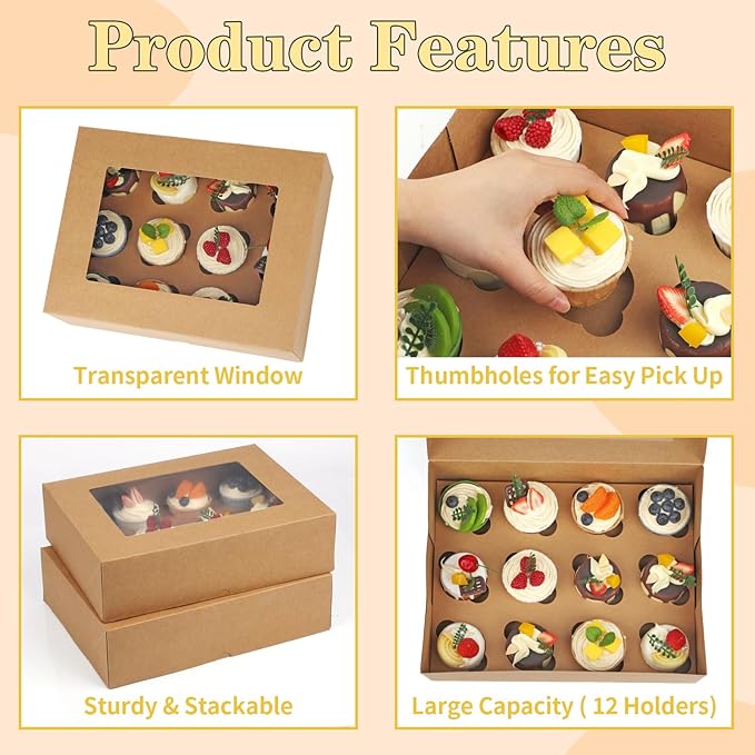 Cupcake Boxes 12 Count, 2 Pack Disposable Cupcake Containers, Food Grade Cupcake Carrier with Window and Inserts, Cupcake Transport Holders Bulk for Muffins Cookies Treats Dessert（Brown）