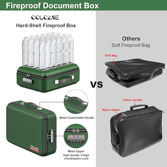 COLCASE Fireproof Document Folder, Hard Fireproof Waterproof Document Box with Lock Creative Hard-Shell Design Fireproof Document Box for Important Documents Certificates Laptop Passports Green