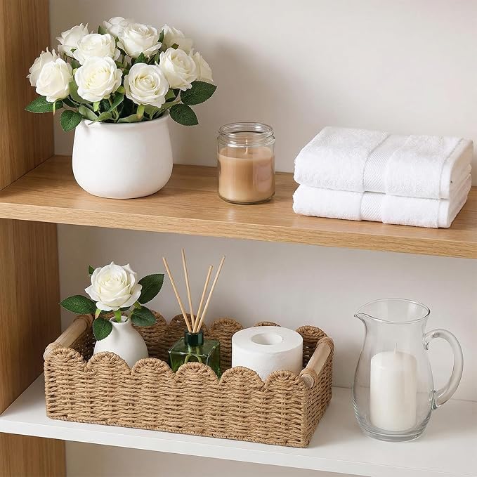 2pcs Scalloped Decor Basket,Toilet Paper Storage Basket with Handles,Toilet Basket for Organizing Over Toilet Storage Shelf Countertop Living Room Bedroom Home Decor