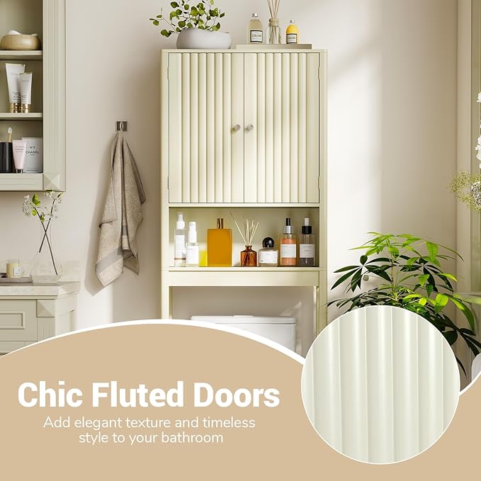 Giantex Over The Toilet Storage Cabinet, Bathroom Organizer w/Fluted Doors, Adjustable Shelf&Bottom Bar, Open Storage Cube, Space-Saving Above Toilet Storage Cabinet for Laundry (Cream White)
