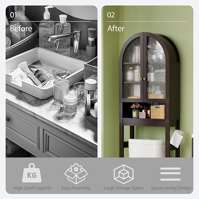 Over The Toilet Storage Cabinet, 23.7”W Modern Storage Cabinet Over Toilet with Acrylic Doors, Arched Freestanding Over Toilet Rack with Adjustable Shelf for Bathroom, Espresso