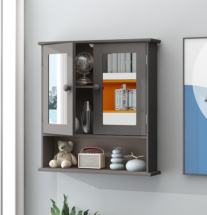 TaoHFE Grey Medicine Cabinet with Mirror, 2 Doors & 3 Open Shelves - Wall Mounted Wooden Storage Cabinet for Bathroom, Laundry or Kitchen