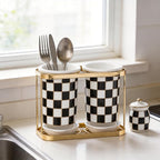 Ceramic Checkered Utensil Crocks with Gold Metal Rack, Black & White Grid Kitchen Utensil Storage, Farmhouse Kitchen Decor, Flatware Organizer & Home Accessory (Black)