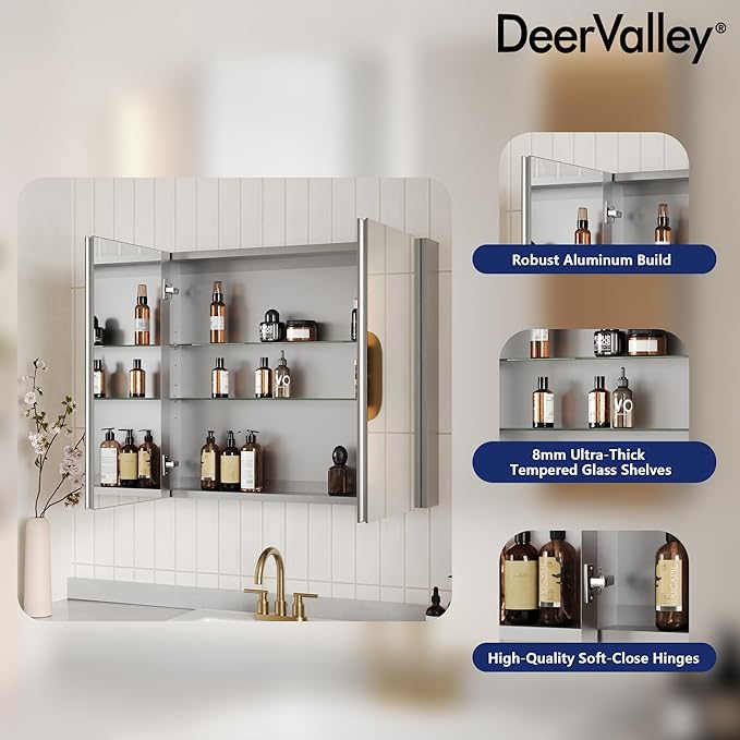 DeerValley Medicine Cabinet with Mirror, 30" W x 26" H Bathroom Mirror with Storage, Frameless Modern Wall Mount Mirrored Medicine Cabinets with Adjustable Shelf
