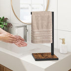 Hand Towel Holder for Bathroom, Hand Towel Stand with Wood Base, L-Shape Hand Towel Rack Height 13.85'' for Vanity Countertop, Kitchen Counter, (Rustic Brown-Square Base-L Shape)