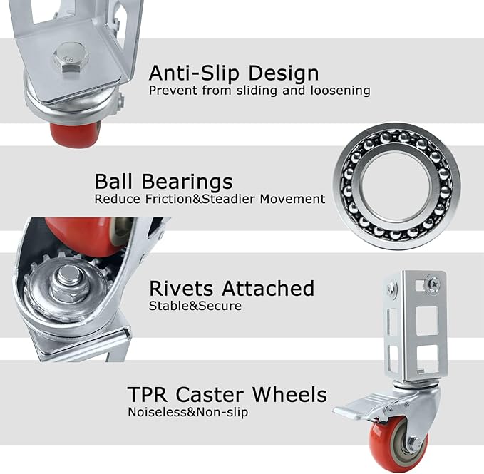 8PCS Storage Rack Caster Wheels,3" Heavy Duty Casters with Brake,Ball Bearing,Storage Shelf Accessories Fit for Boltless Self Locking Shelving Racks,500 Lb Max Total Capacity