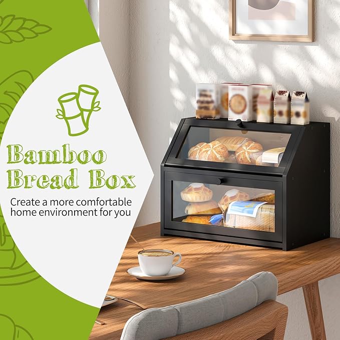BMOSU Farmhouse Bread Box for Kitchen Countertop Bread box Double Layer Bamboo Wooden Extra Large Capacity Bin Kitchen Food Storage Container(Black)