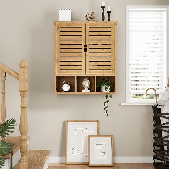 Bathroom Wall Storage Cabinet, Bamboo Medicine Cabinet with Doors and Adjustable Shelves, Bathroom Medicine Cabinet Wall Mount, Wall Mounted Over-The-Toilet Storage Cabinet