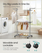SONGMICS Clothes Drying Rack 3-Tier, Foldable Laundry Drying Rack 58.3-Inch Tall, Stainless Steel, Rolling Clothes Horses, Clothes Airer, Indoor Outdoor Use, Dove Gray ULLR702G01