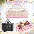 14.7 x 10.9 x 5.9 Inch Rectangle Cake Carrier with Lid and Handle Includes Cupcake Pie Holders Large Waterproof Portable Insulated Bag Pink Cake Carrier with Insert for Secure Dessert Delivery