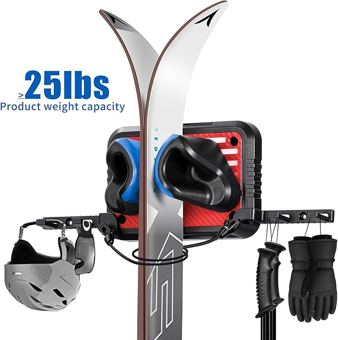 Ski Rack Wall Mount Ski & Snowboard Skateboard Wall Mount Fits Any Board holder Up to 25lbs Vertical Ski Storage Rack for Home & Garage Space-Saving Winter Gear Organizer 2Pack