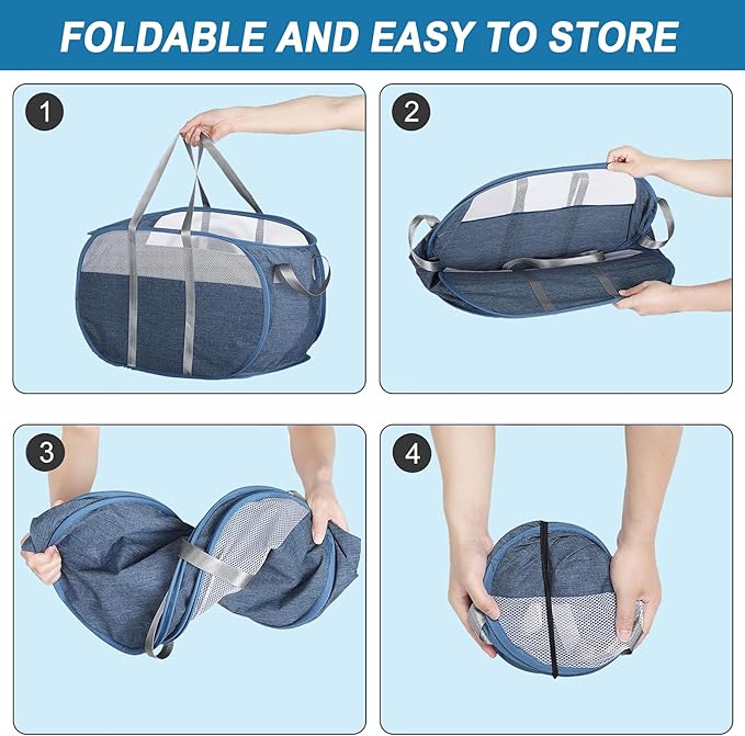 Collapsible Laundry Baskets, Pop Up Laundry Baskets with Reinforced Handles, Lightweight Foldable Laundry Basket for LaundryRoom, Bathroom or Travel (Blue)