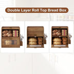 TQVAI Roll Top Bread Box for Kitchen Countertop, Keep Fresh Longer, Easy to Maintenance, Double Layer Vintage Wooden Breadbox with Window for Homemade Bread, Sandwich Loaves, Baked Goods (Retro Brown)