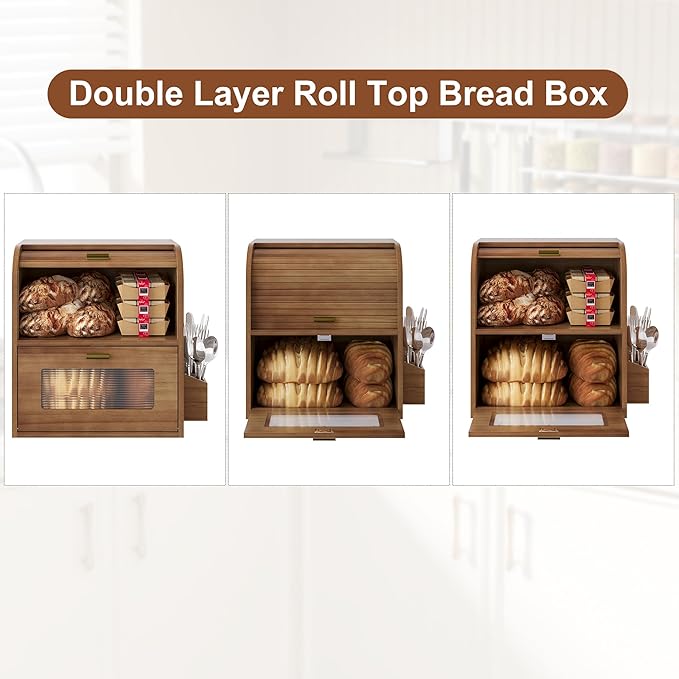 TQVAI Roll Top Bread Box for Kitchen Countertop, Keep Fresh Longer, Easy to Maintenance, Double Layer Vintage Wooden Breadbox with Window for Homemade Bread, Sandwich Loaves, Baked Goods (Retro Brown)