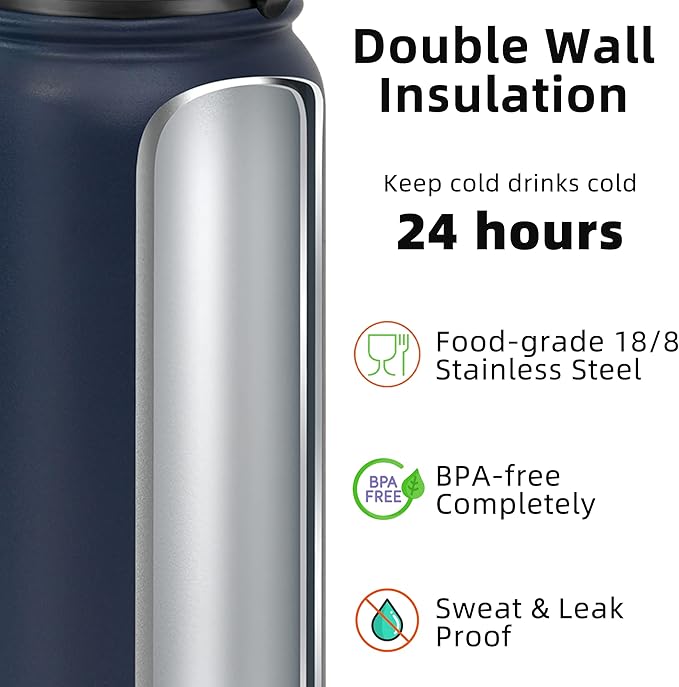 Fanhaw 32 oz Insulated Stainless Steel Water Bottle with Anti-Dust Chug Lid, Leakproof Vacuum Sports Bottle for Men & Women (Navy Blue)