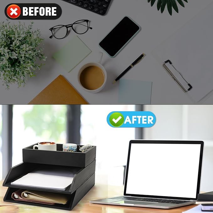 3 Pcs Wooden Letter Trays, Wood Letter-Size Desk Organizer, Heavy Duty 3 Tier Stackable Support Paper Tray Tabletop Inbox Drawer Desktop Organizer for File Folder Magazine Office(Black)