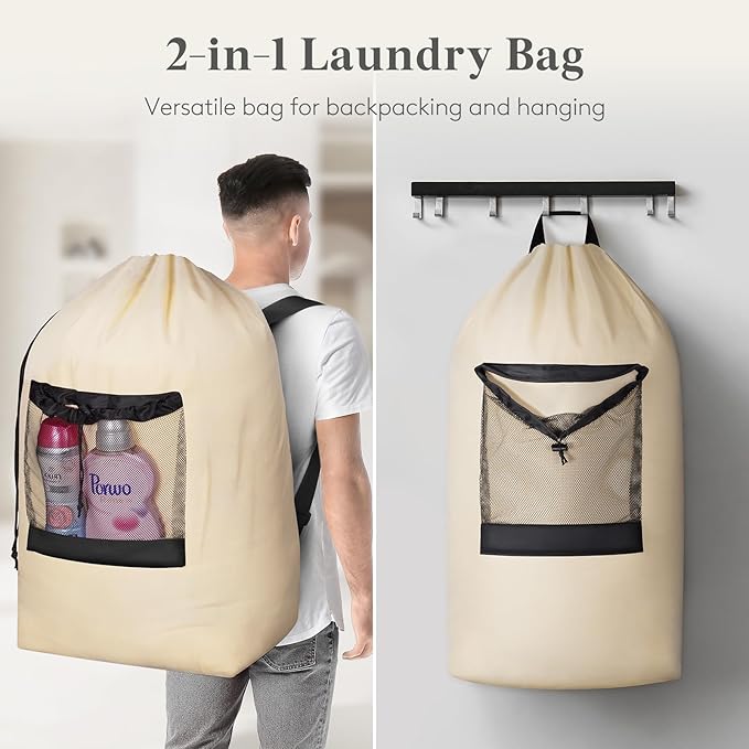 Lifewit Laundry Bag, Extra Large Laundry Backpack with Shoulder Straps and Mesh Pocket for Laundromat, Heavy Duty Laundry Bag Backpack for Dirty Clothes for College Dorm/Travel/Apartment, 120L, Khaki